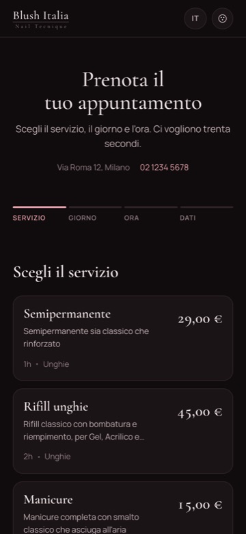 Il sito di prenotazione, come lo vede una cliente sul telefono.