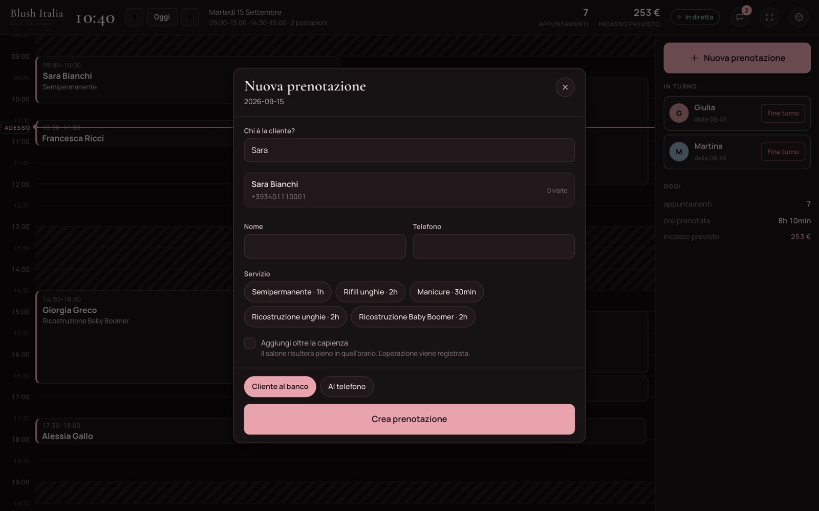 Nuova prenotazione al banco o al telefono
