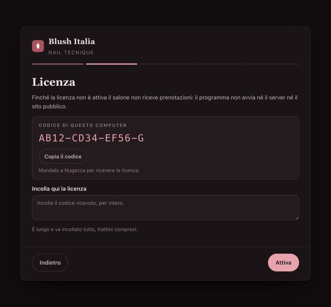 Il codice di questo computer e il riquadro dove incollare la licenza.